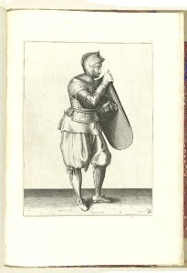012 (swordsman) Book illustrations of Nassausche wapen-handelinge, van schilt, spies, rappier, ende targe. Free illustration for personal and commercial use.