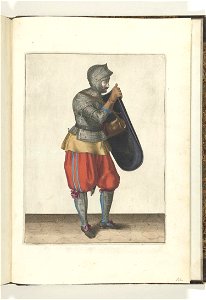 012 (swordsman, color) Book illustrations of Nassausche wapen-handelinge, van schilt, spies, rappier, ende targe. Free illustration for personal and commercial use.