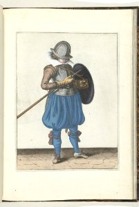 015 (pikeman, color) Book illustrations of Nassausche wapen-handelinge, van schilt, spies, rappier, ende targe. Free illustration for personal and commercial use.