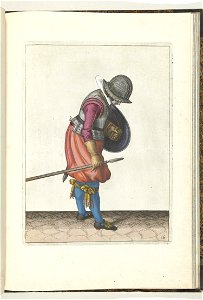 016 (pikeman, color) Book illustrations of Nassausche wapen-handelinge, van schilt, spies, rappier, ende targe. Free illustration for personal and commercial use.