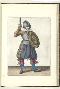 019 (swordsman, color) Book illustrations of Nassausche wapen-handelinge, van schilt, spies, rappier, ende targe. Free illustration for personal and commercial use.