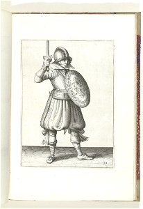 019 (swordsman) Book illustrations of Nassausche wapen-handelinge, van schilt, spies, rappier, ende targe. Free illustration for personal and commercial use.