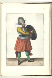 018 (swordsman, color) Book illustrations of Nassausche wapen-handelinge, van schilt, spies, rappier, ende targe. Free illustration for personal and commercial use.