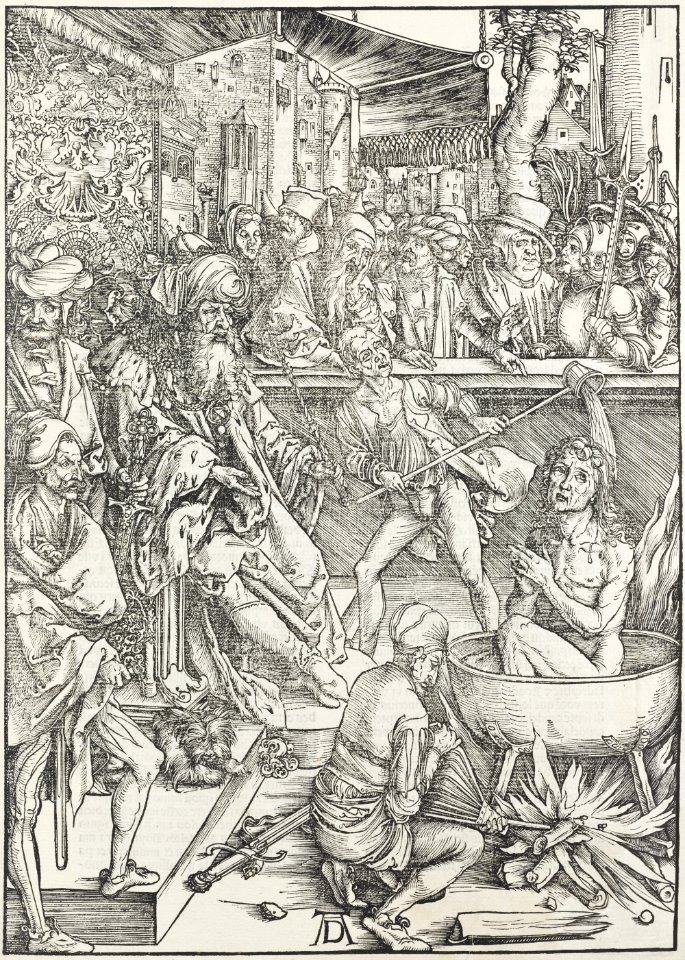 02. Albrecht Dürer, Apokalypsa, Úvodní list – Martyrium sv. Jana Evangelisty, Národní galerie v Praze