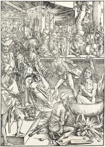 02. Albrecht Dürer, Apokalypsa, Úvodní list – Martyrium sv. Jana Evangelisty, Národní galerie v Praze