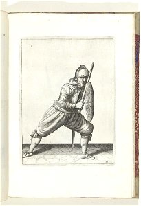 021 (swordsman) Book illustrations of Nassausche wapen-handelinge, van schilt, spies, rappier, ende targe. Free illustration for personal and commercial use.