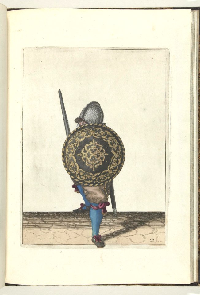 022 (swordsman, color) Book illustrations of Nassausche wapen-handelinge, van schilt, spies, rappier, ende targe. Free illustration for personal and commercial use.