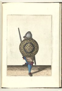 022 (swordsman, color) Book illustrations of Nassausche wapen-handelinge, van schilt, spies, rappier, ende targe. Free illustration for personal and commercial use.
