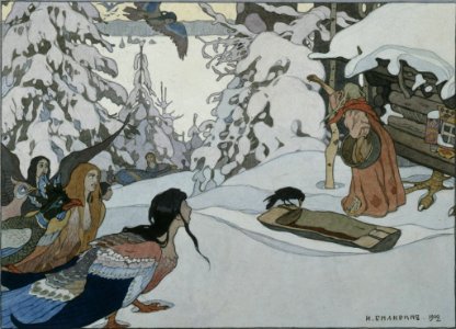 Baba Yaga and maiden-birds by I.Bilibin (1902)