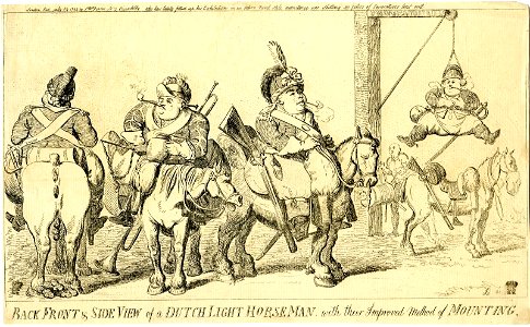 Back front & side view of a Dutch light horse-man, with their improved method of mounting. (BM 1851,0901.686)