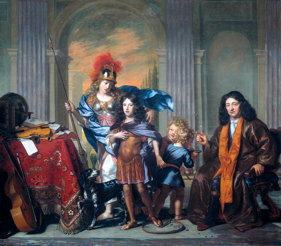 Allegorisch groepsportret, waarschijnlijk voorstellend Anthony de Bordes Sr. die zijn zoon Anthony toevertrouwt aan Minerva Amsterdam Museum SB 6404