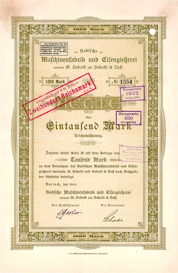 Badische Maschinenfabrik 1000 Mk 1914
