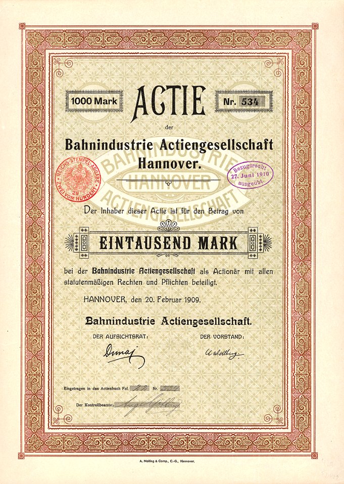 Bahnindustrie AG 1000 Mk 1909