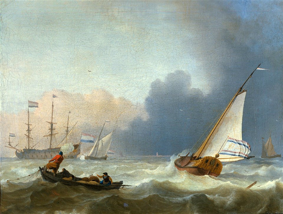 Woelige zee met Nederlands jacht onder zeil. - Rough seas with a Dutch yacht under sail (Ludolf Backhuysen, 1694)
