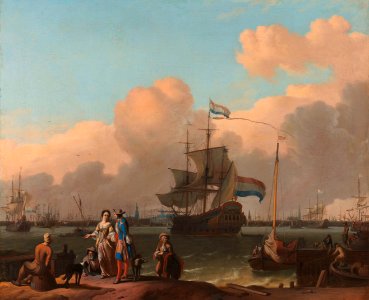 Het IJ voor Amsterdam met het fregat 'De Ploeg'. Rijksmuseum SK-C-91