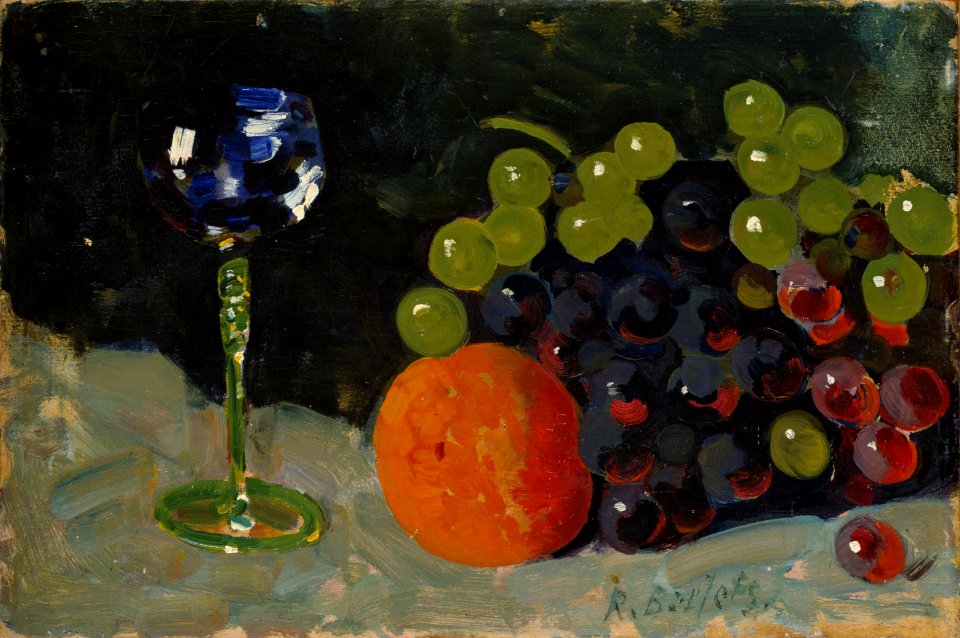 Rudolf Bartels - Stillleben mit Weinglas, Weintrauben und Blutorange