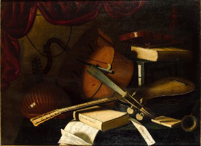 Studio of Bartolomeo Bettera - A lute, cello, violin, guitar, musical manuscript and books on a draped table