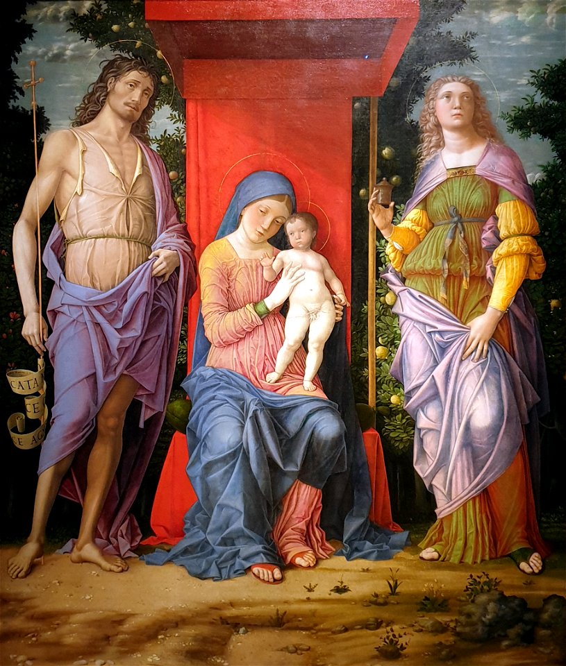 1498 Mantegna Maria mit dem Kind und den Heiligen Magdalena und Johannes dem Täufer National Gallery (London) anagoria