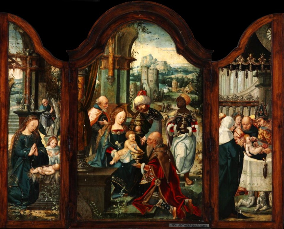 Antwerp Mannerist master - Triptych of the Adoration of the Magi (Central panel). Free illustration for personal and commercial use.