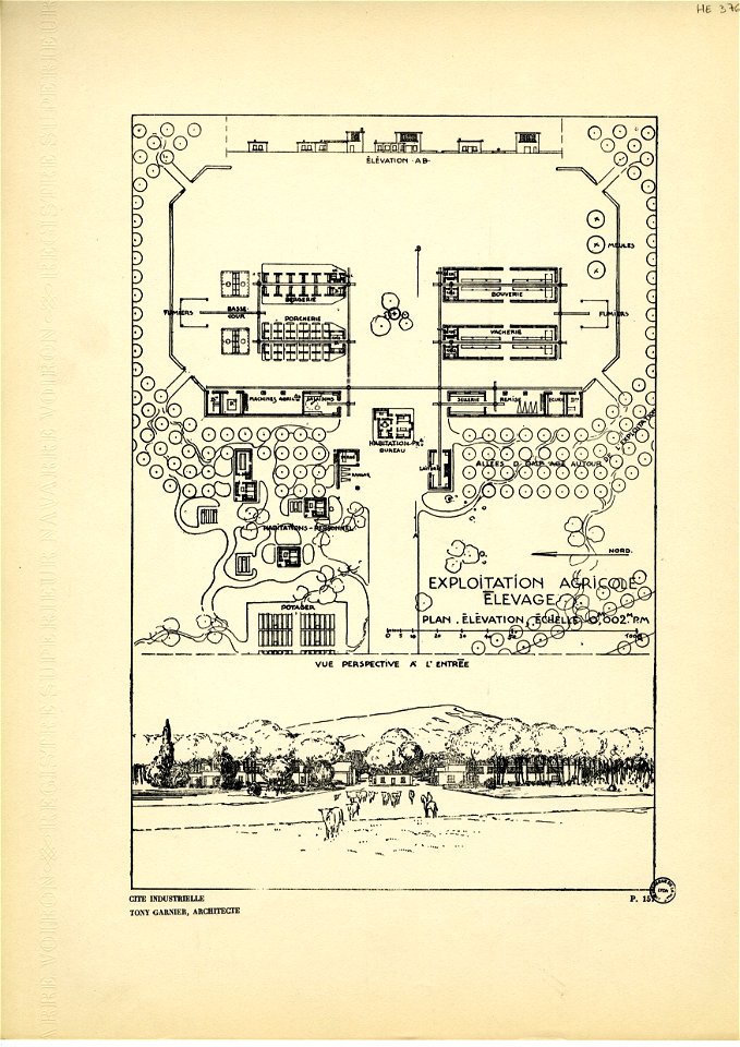 157. Ferme d'élevage, plan ; échelle 0m002 p. m. et perspective