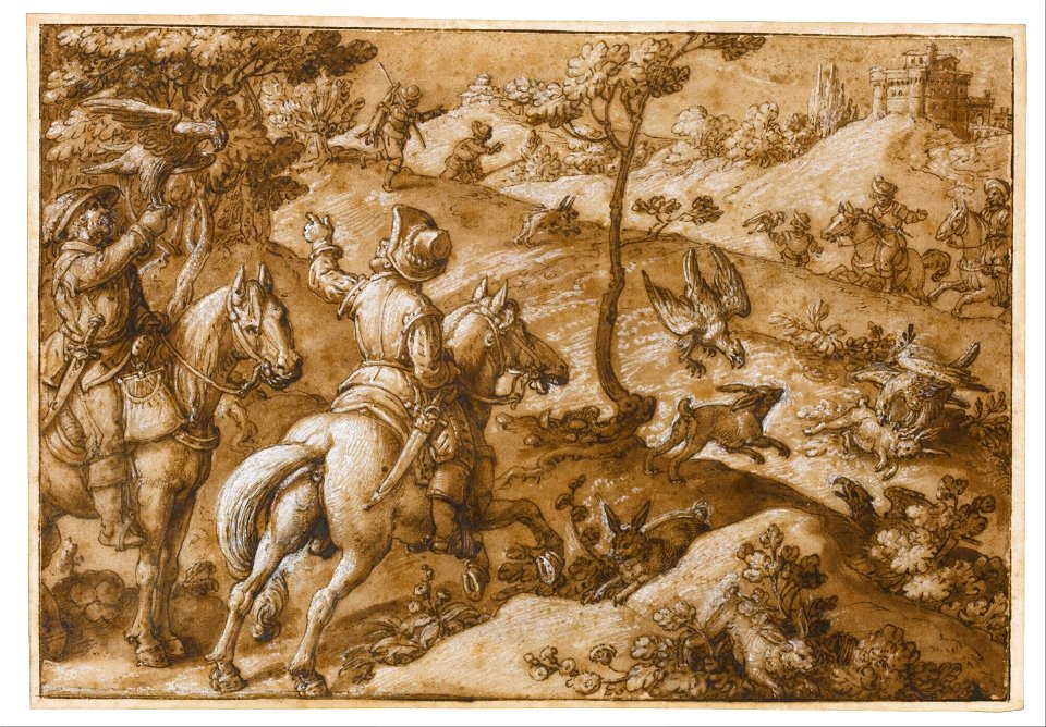 Stradanus - Men hunting hares with falcons