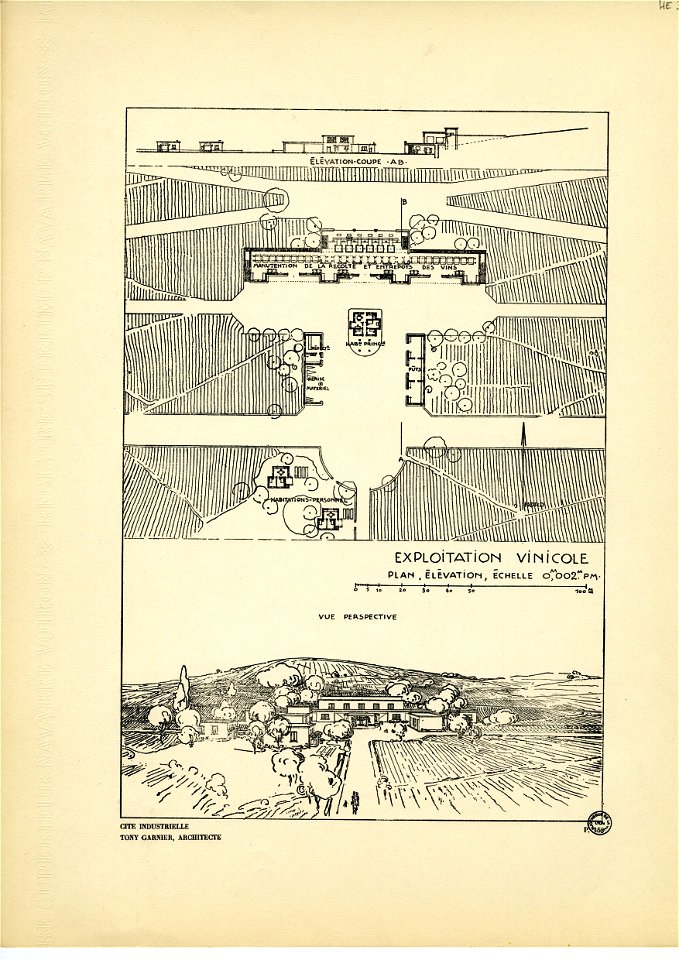 158. Ferme vinicole, plan; échelle 0m002 p. m. et perspective