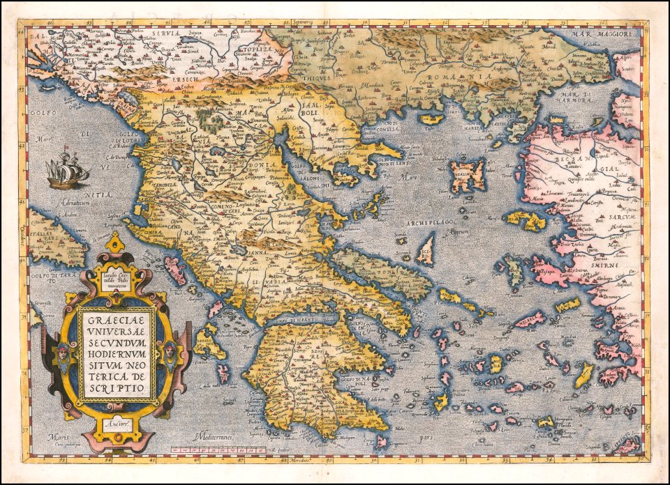 1584 map of Greece and the Aegean Sea by Abraham Ortelius