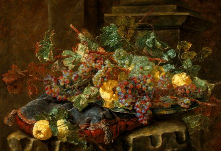 Jan Fyt - Black and White Grapes and Quinces on a silver salver on a velvet cushion
