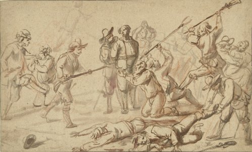 Cornelis de Wael - Robber attacking farmers. Free illustration for personal and commercial use.