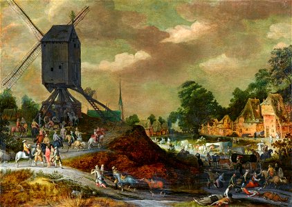 Adriaen van Stalbemt - Post mill on a riverbank. Free illustration for personal and commercial use.