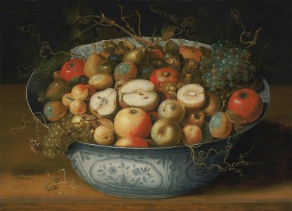 Osias Beert - Chinese bowl with apples, plums, grapes and nuts. Free illustration for personal and commercial use.