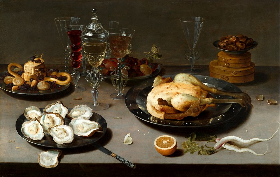 Osias Beert (I) - Still life with oysters, roasted chicken, sweets and dried fruits