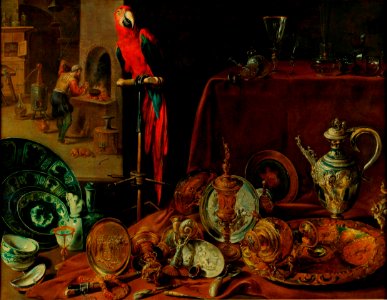 Adriaen van Utrecht - Still life with parrot, an allegory of fire