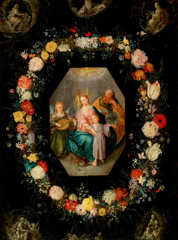 Anna Janssens - A garland of flowers around a medaillon with the Holy Family and a music making angel