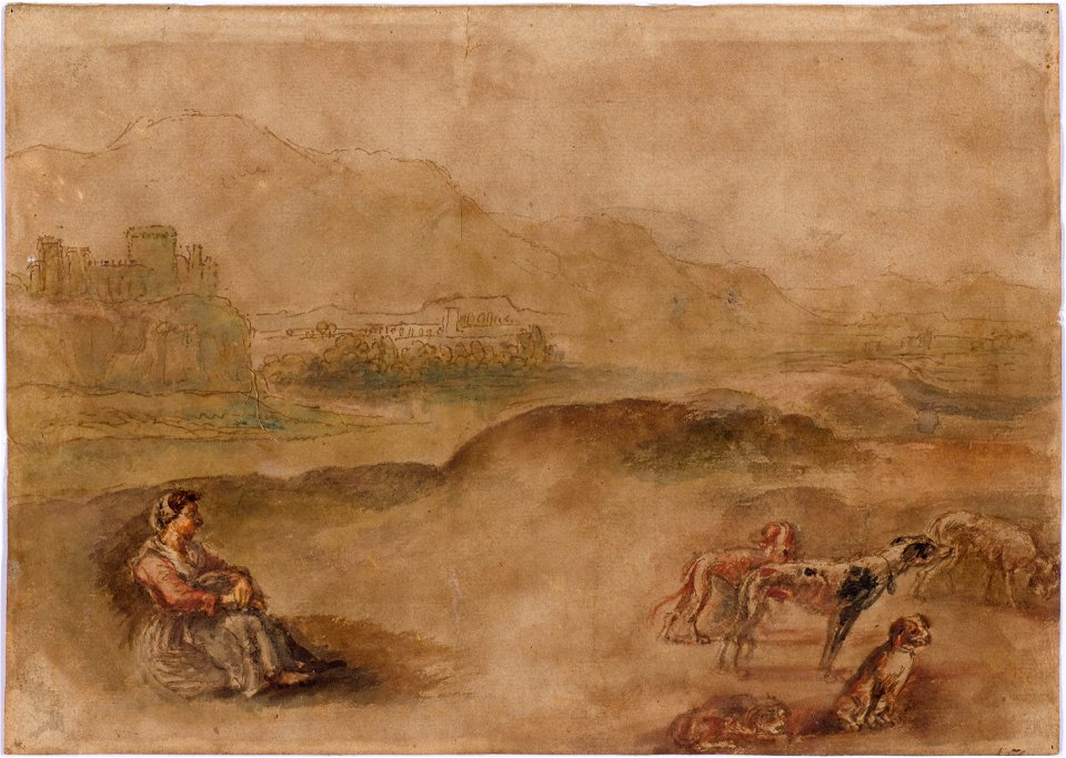 Gillis Neyts - Mountainous landscape with castle and town, a seated woman with dogs in the foreground
