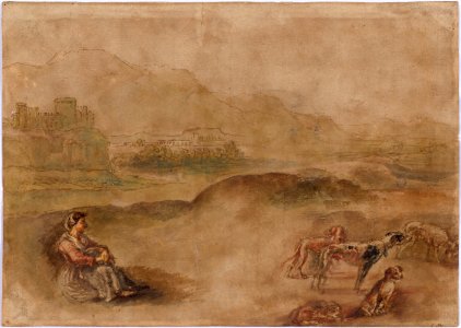 Gillis Neyts - Mountainous landscape with castle and town, a seated woman with dogs in the foreground