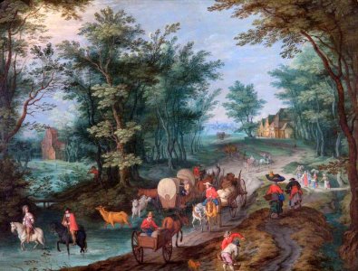 Peeter Gijsels - Landscape with Figures Crossing a Brook. Free illustration for personal and commercial use.