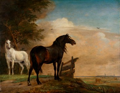 Twee paarden in de wei bij een hek Rijksmuseum SK-C-205. Free illustration for personal and commercial use.