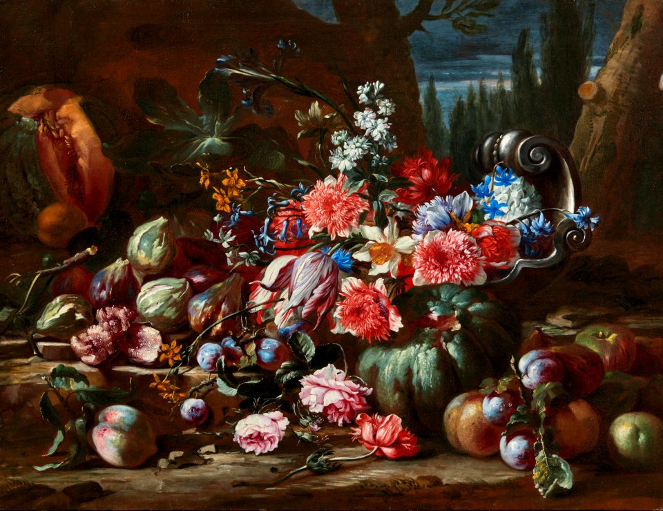 Abraham Brueghel - Tulips, daffodils, roses and other flowers with various fruit and a silver vase