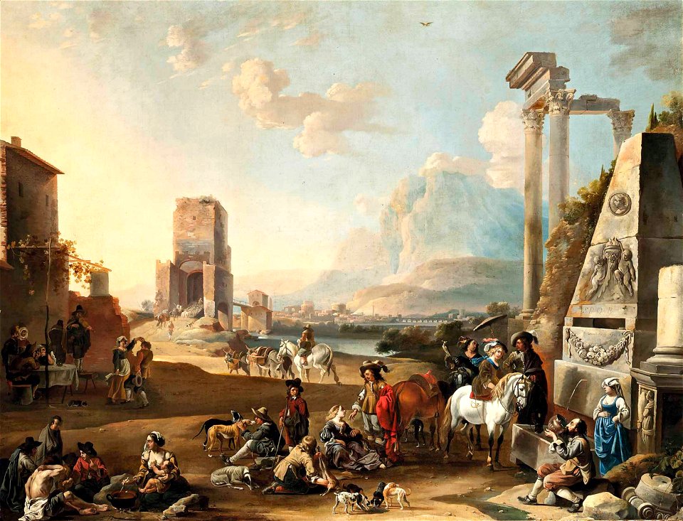 Anton Goubau - Italianate classical landscape with figures resting near a fountain, others making merry, a town by a river beyond