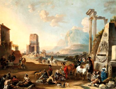 Anton Goubau - Italianate classical landscape with figures resting near a fountain, others making merry, a town by a river beyond