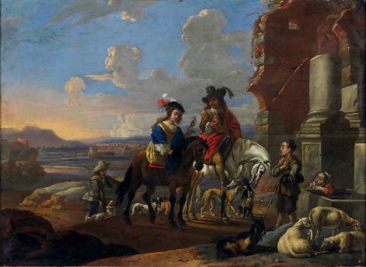 Anton Goubau - A hawking party beside classical ruins