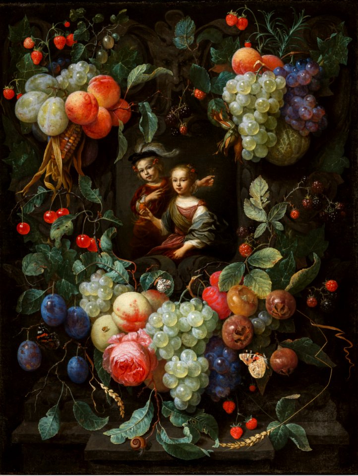 Joris van Son, Erasmus Quellinus (II) - Cartouche with children portraits in a garland