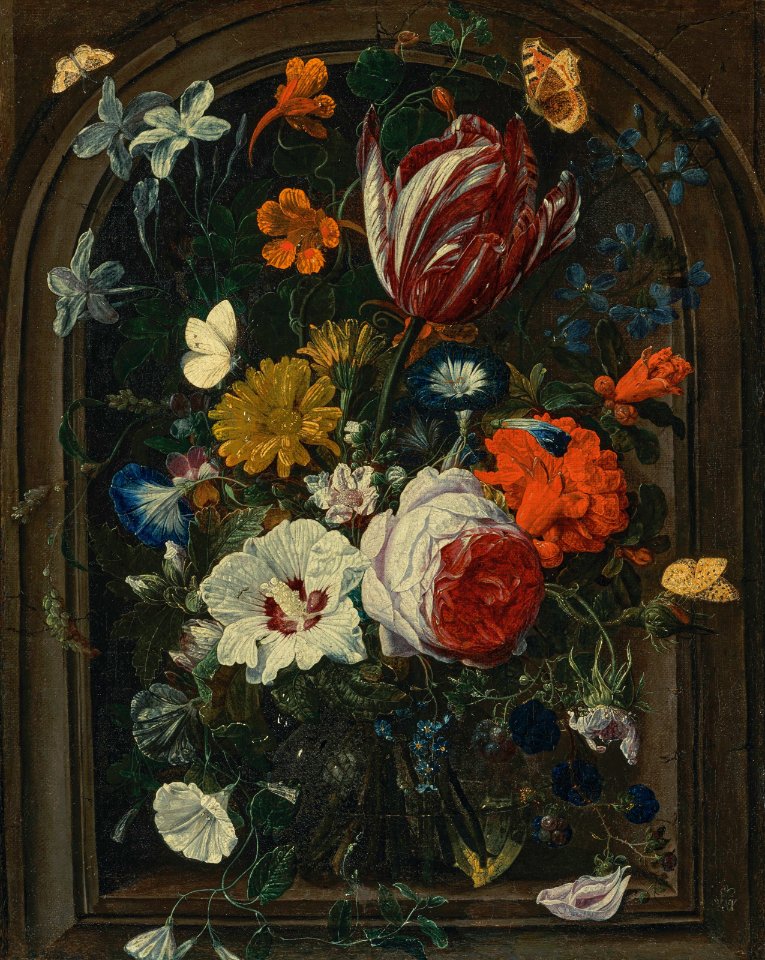 Nicolaes van Verendael - Flowers in a glass vase, in a niche