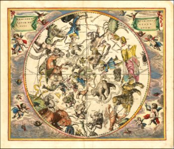 1660 celestial map illustrating the constellations of the Northern Hemisphere superimposed over the earth's Southern Hemisphere
