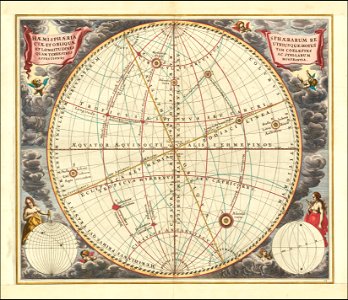 1660 celestial chart illustrating the motions of both the upright sphere (the equatorial co-ordinate system) and the oblique sphere (the ecliptic co-ordinate system)