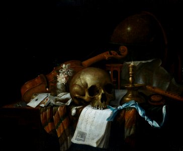 Cornelis Norbertus Gijsbrechts - Vanitas still life with a skull, sheet music, violin, globe, candle, hourglass and playing cards, all on a draped table. Free illustration for personal and commercial use.