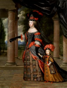 Queen Marie Thérèse and her son the Dauphin of France, dated circa 1663 by Charles Beaubrun. Free illustration for personal and commercial use.