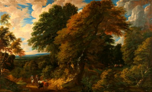 Cornelis Huysmans - Wooded landscape with peasants and their cattle
