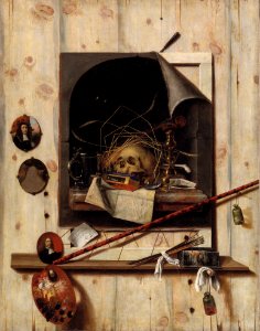Trompe l'oeil med ateliervæg og vanitas-stilleben